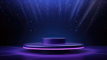 A stage with a purple light and stars in the background, empty stage, podium mockup, copy-space