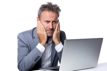 Male businessman sits stressed and has a headache In the workplace, sitting and working on a computer or laptop on a white background.