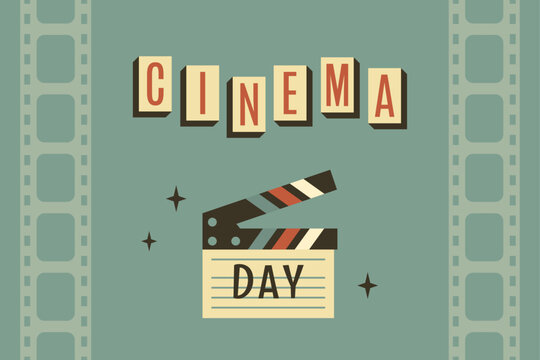 PrinRetro banner with cinematography clapperboard, color letters, movie, vintage font. World cinema day. Old television equipment, clapper. Advertising of event in 1980s and 1970. Vector illustrationt