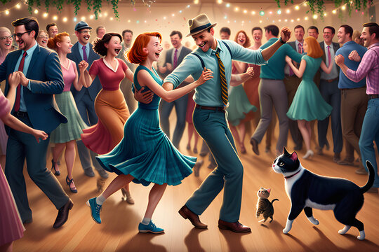 a cat are swing dancing surrounded by people, Generative AI