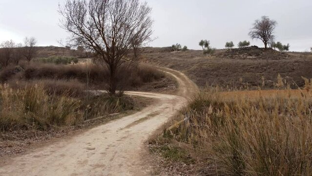 Crossroads hiking in Spain. Drone footage in Castilla la Mancha, land of don quijote, vineyards, flat land, cereals, dirt tracks and paths. Horcajo de Santiago in 4K with DJI Mini 2