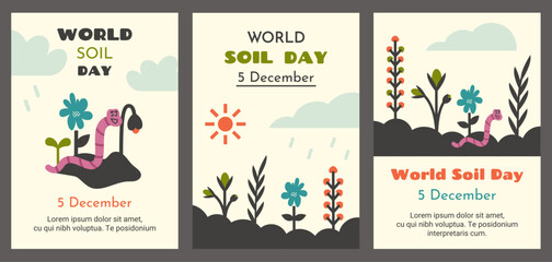 Fototapeta na wymiar World soil day. Set of environmental protection flyers, posters. Colorful cartoon plants, flowers, cute pink earthworm crawling in ground and cleaning soil. Vector illustration for banner, poster