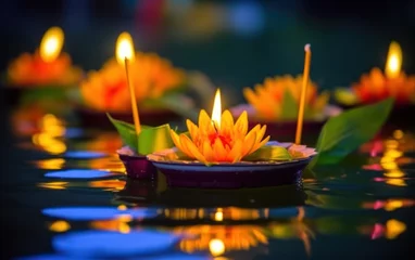 Foto op Plexiglas Floating loy krathong and candle in Thailand full moon folk festival. Generative AI © sticker2you