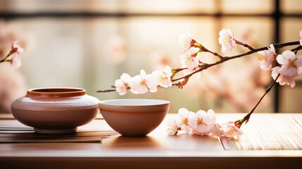 Tea ceremony, traditional teapot and ceramic cups on wooden tray on light background with sakura blossoms. Generative AI
