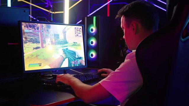 Playing the new mockup concept fake shooter video game. Eliminating the online enemies in the multiplayer fake shooter game. Plater defeated by the opponent in the fake shooter game.