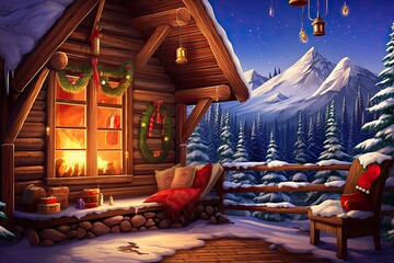 Inviting winter cabin with warm lights, Christmas New Year image