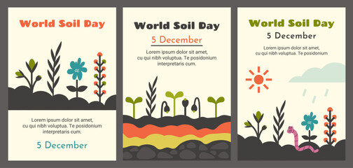 Fototapeta na wymiar Set of environmental protection flyers, posters. World soil day. Colorful cartoon plants, flowers, cute pink earthworm crawling in ground and cleaning soil. Different Ground cross sections. Vector