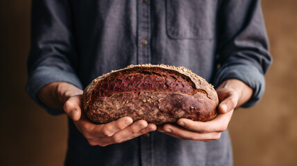 Man holding a spelt and whole wheat bread. - obrazy, fototapety, plakaty