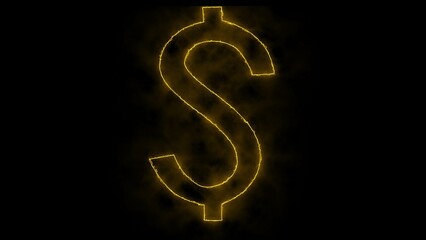 Dollar icon yellow color neon isolated on dark background. Illustration of the dollar icon on a black background.