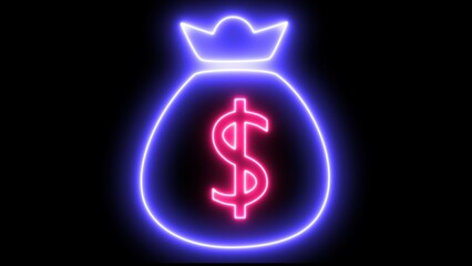 Neon money bag icon. Neon light bags money. Brilliant advertising dollars.