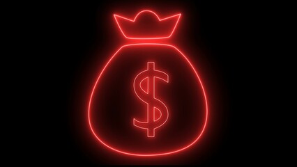 Neon light bags money. Brilliant advertising dollars. Neon money bag icon. Glowing neon income sign, pouch with. red color dollar sign and  black background.