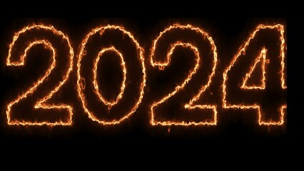 New Year 2024 text font with lights. 3D Illustration New Year Concept 2024 orange Color Neon Glowing and black background.