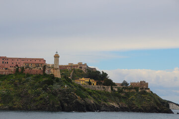View of the Faro di Forte Stella lighthouse on Portoferraio, on Elba island, Livorno, Italy