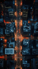 Aerial view of the city at night with cars on the road.