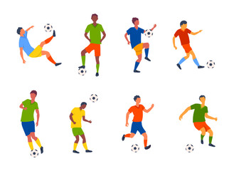 Fototapeta na wymiar Cartoon Color Male Characters People Diverse Football Players Set Sport Soccer Concept Flat Design Style. Vector illustration of Athletes Kicking Ball