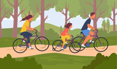 Cartoon Color Characters People Family Riding Bikes Together on Park Road Concept Flat Design Style. Vector illustration