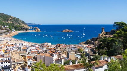 Obraz premium Scenic view of boats in Costa Brava, Tossa de Mar, Catalonia, Spain