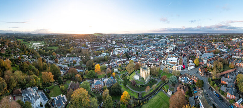 beautiful aerial view of the Guildford Castle and town center of Guildford, Surrey, United Kingdom