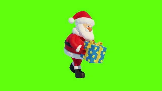 Plasticine Santa carries a New Year's gift box. Cartoon Santa Claus with a gift. 3D looped animation with alpha channel.