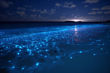 Long exposure shot of glowing plankton on the beach and milky way on the night sky, Blue bioluminescent of glow of water under the night sky