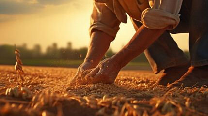 夕暮れ時、穀物を注ぐ男性農夫の懸命な手。農地の収穫期GenerativeAI