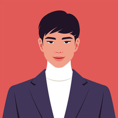 Portrait of a happy Asian man. Avatar of a successful businessman with eyeglasses. Politician. Vector flat illustration