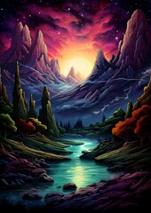 Fototapeta premium a painting that shows a night sky over a river