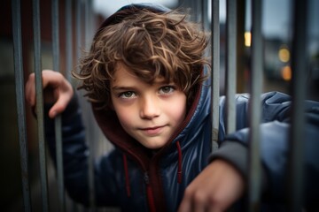 Portrait of a cute little boy with curly hair in a blue jacket standing near the fence.