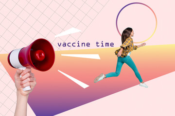 Artwork magazine collage picture of hand arm rising bullhorn announcing vaccination time isolated...