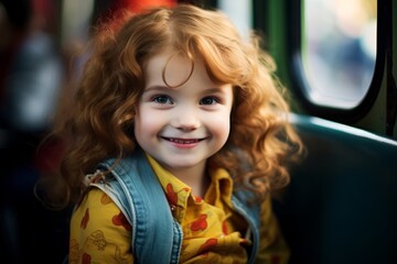 Portrait of a cute little red-haired girl in a bus.