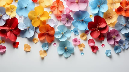 Fotobehang Colorful flowers blossom petals isolated on transparent background. Flying  flowers confetti - spring background vector. Pastel color flower petals design. Delicate spring vector - Ai © Impress Designers