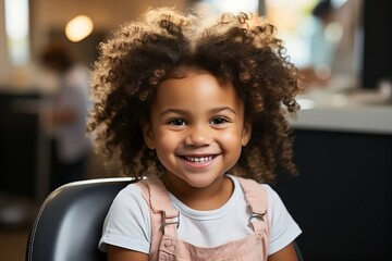 Portrait of a happy smiling african american child with curly hair.  Happy childhood. Generative AI.