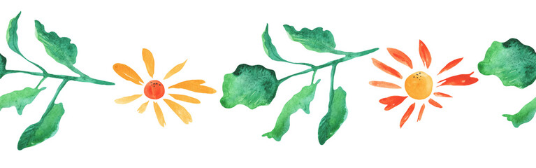 Watercolor botanic, Leaf and flower border. Seamless herbal composition for greeting card. Spring Border with leaves and flower isolated on white backgrond.