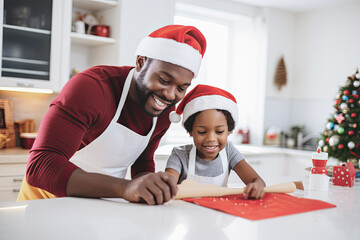 padre e hijo de raza negra con gorros de papá noel haciendo galletas de navidad en la cocina de la casa
 - obrazy, fototapety, plakaty