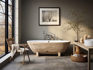 Modern white tub and beautiful green houseplants in bathroom. Interior design - bathroom with bathtub - Ai