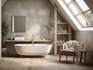 Fototapeta na wymiar Modern white tub and beautiful green houseplants in bathroom. Interior design - bathroom with bathtub - Ai