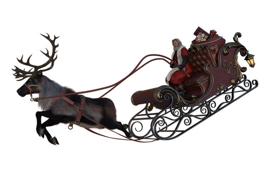 Santa Claus flying in his sleigh with a reindeer and a sack of Christmas presents. Isolated 3D render.