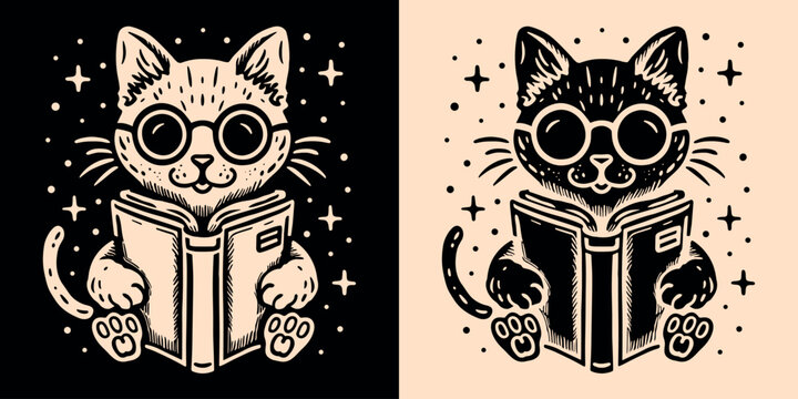 Cat reading a book. Black and beige kitten wearing glasses and holding a book. Celestial galaxy fantasy aesthetic. Vintage retro drawing for cats and book lovers. Minimalist vector illustration print.