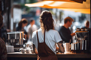 young, tattooed barista girl, seen from behind, expertly serving coffee at a vibrant street festival. Embrace the energy of outdoor coffee culture