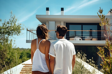 back view of a young couple in front of their new modern vacation villa, epitomizing the dream of luxurious living. Real estate aspirations captured