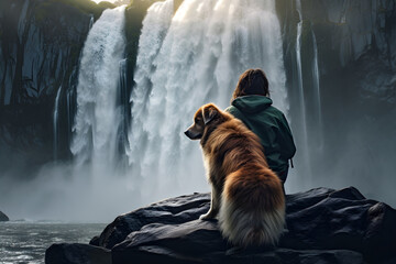 young woman and her dog stand on a rock, captivated by a majestic cascade. A perfect moment in nature, offering serene beauty and room for your content