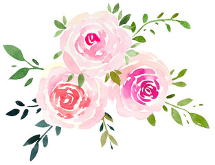 Beautiful bouquet with pink roses, watercolor card
