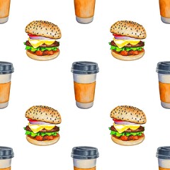 Seamless pattern with burgers  and coffee. Watercolor illustration