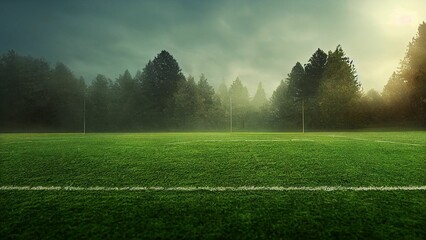 AI generated illustration of football pitch with trees and clouds in the background - obrazy, fototapety, plakaty