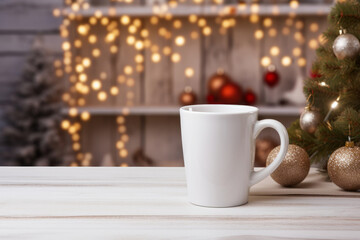 Obraz na płótnie Canvas Plain white coffee cup mockup with christmas elements in background. Generative AI