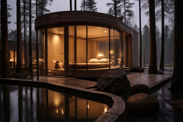Interior of sauna with hot steam. Wooden benches and loungers accessories for sauna, spa complex....