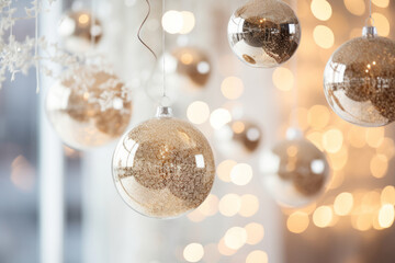 Glittering holiday decorations, including golden baubles, garlands and lights. Generative AI