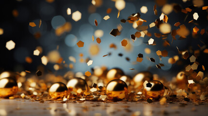 falling gold Confetti and golden balls texture overlay background - Golden glitter, Christmas ball...