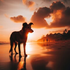 dog on the beach on  sunset in the morning