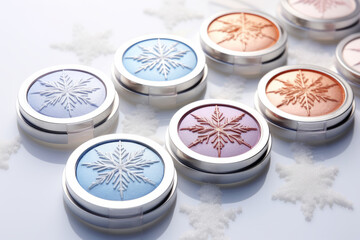 Decorative cosmetics with winter decor. Shimmering snowflake highlighter compacts. Generative AI
